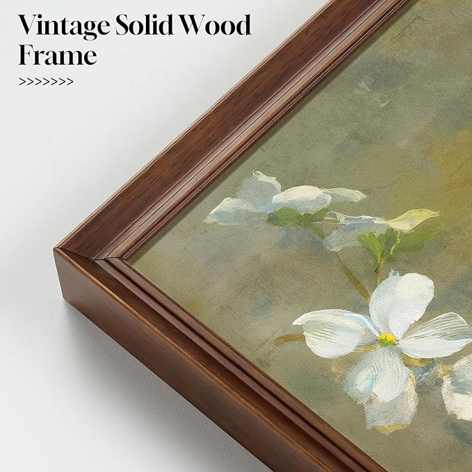 Framed Vintage Floral Wall Art, Green White Neutral Farmhouse Botanical Canvas Painting Prints Artwork for Walls, Rustic Retro Flower Picture for Living Room Bedroom Kitchen Hallway Wall Decor, 24x36
