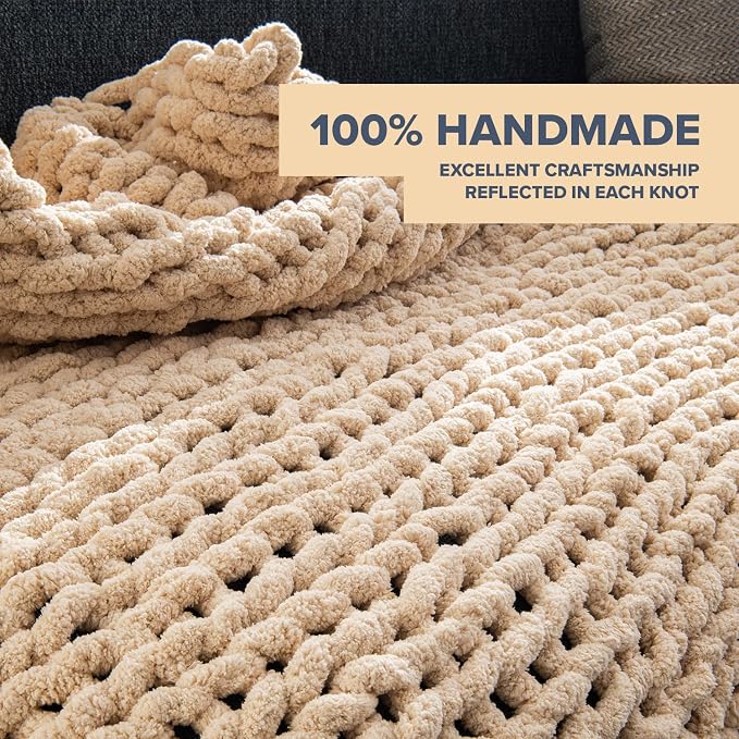 Chunky Knit Blanket Throw - 50"x60" 3.7 lbs. - Soft Chenille Yarn Knitted Blanket - Machine Washable Crochet Blanket - Handmade Cable Knit Throw Blanket for Couch, Bed (Oat White) | Handmade chunky knit throw blanket in oat white â€“ soft chenille yarn...