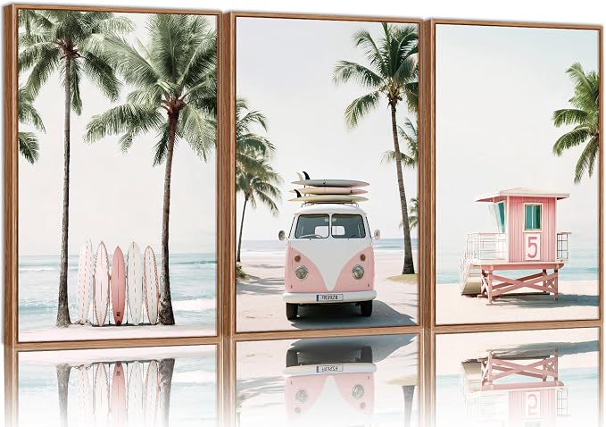 KYLESONLIE Tropical Beach Themed Framed Canvas Wall Art, Pastel Girly Surfboard Wall Decor, Relaxing Hawaii Palm Tree Posters, Coastal Beachy Art Paintings for Girls Bedroom Living Room Dorm 24"x36"x3