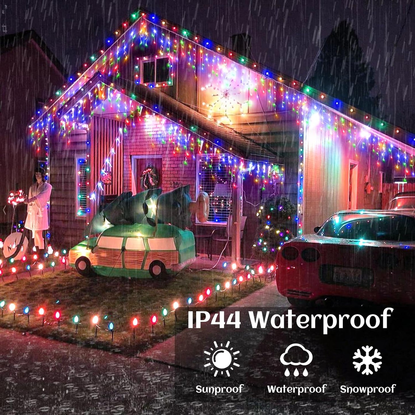 Icicle lights Outdoor - 33ft Christmas Lights with 400LED 75 Drops 8 Modes, Plug in Curtain String Lights Waterproof for Holiday Wedding Party Home Garden Bedroom Indoor Outdoor Decoration, Multicolor
