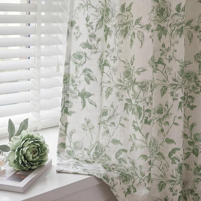 StangH Cottagecore Sage Green Floral Curtains for Bedroom, Vintage Peony Print Linen Textured Light Filtering Window Drapes, French Country Style Aesthetic Room Decor, W52 x L84, 2 Panels