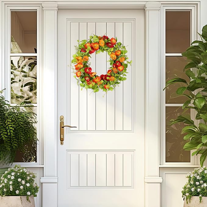 YNYLCHMX 18" Spring Summer Wreaths for Front Door, Artificial Floral Wreath with Poppy Flowers Green Tea Leaves, Green Foliage Wreath for Wall Window Farmhouse Party Holiday Home Decor