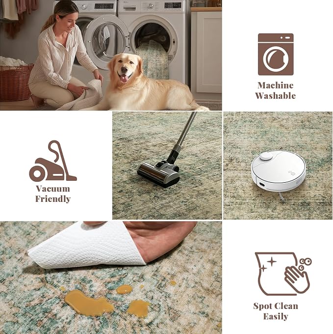 Machine Washable Rugs for Living Room: 6x9 Area Rugs for Bedroom Ultra Soft Non-Slip Low Pile Vintage Distress Boho Large Carpet for High-Traffic Dining Room - Farmhouse Decor