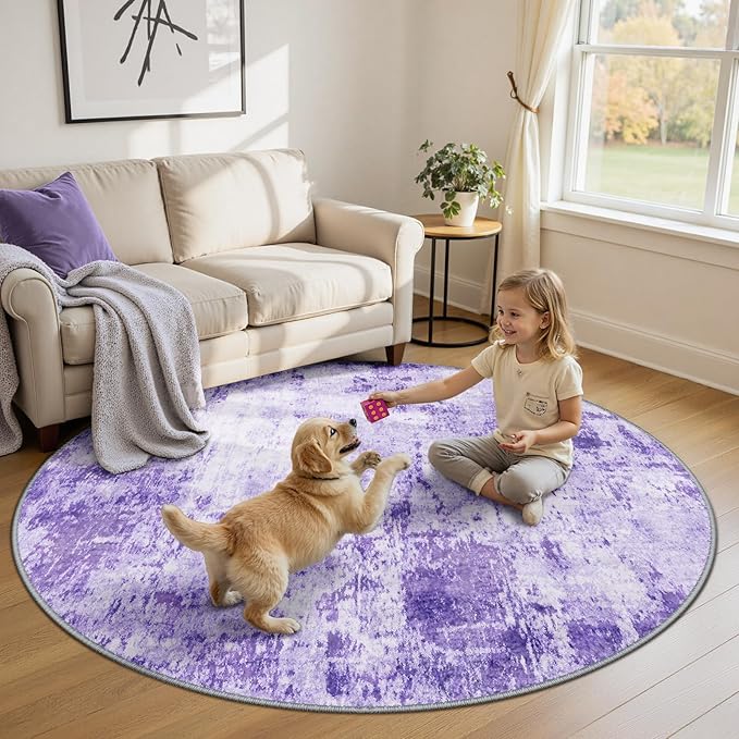 RELEANY Washable Area Rugs 6ft Non-Slip Modern Abstract Soft for Living Room Entryway Bedroom Nursery, Print Pattern, Purple Gray Pink White
