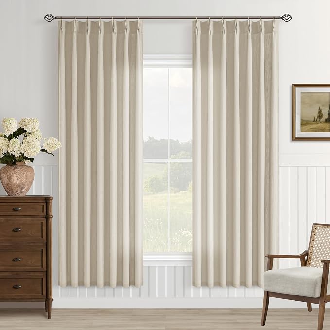 Curtains 72 Inches Long Semi Sheer Linen Pinch Pleated Drapes Neutral Country Boho Oatmeal Beige Flax Linen Light Filtering Back Tab Pinch Pleated 72 Inch Curtains Door Cabin Closet 2 Panels Set