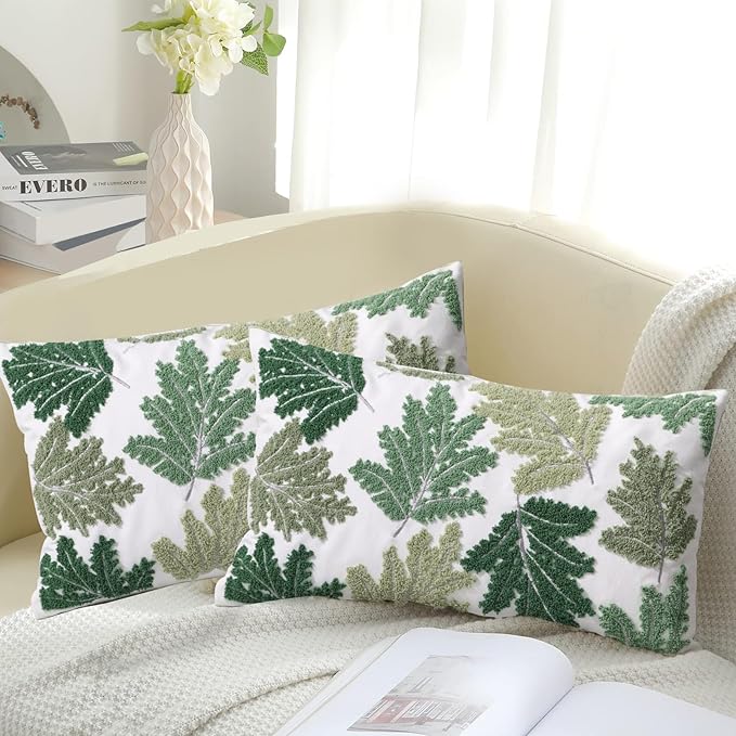 Set of 2 Embroidered Decorative Throw Pillow Covers Couch Square Pillowcases Cushion for Bedroom Sofa Farmhouse Decor 18x18 Inch (Green Maple Leaf-Lumbar)