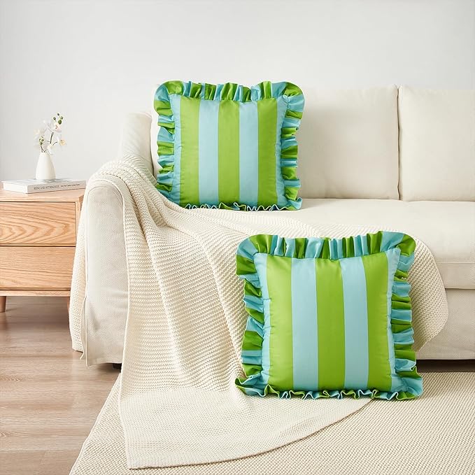 MONDAY MOOSE Decorative Throw Pillow Covers, Set of 2 Water-Resistant Striped Design with Ruffle Edge for Outdoor/Indoor Use, Pillow Inserts Not Included (18x18 inch, Light Green/Light Blue)