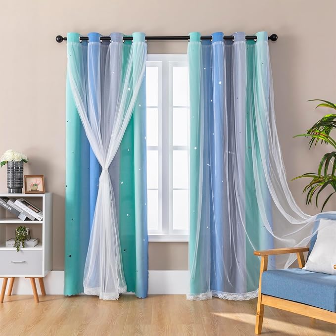 XiDi Blue Green Grey 54 Inches Curtains for Girls Bedroom 2 Panels Set, Blackout Rainbow Curtains for Kids Room Decor, Unicorn Wall Decals Drapes for Little Girl Nursery Room 52 Inches Wide