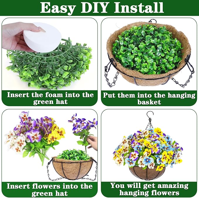 Artificial Hanging Flowers Plants Basket Outdoor Outside Decoration, Pansies UV Resistant Waterproof Colorful Silk Flowers Fake Hanging Planters for Porch Patio Balcony Yard Home Decor