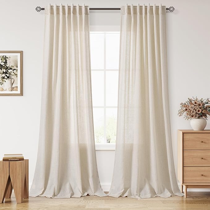 Nanspring Cream Beige Curtains 90 Inches Long for Living Room Linen Light Filtering Semi Sheer Curtain Back Tab Rod Pocket Modern Farmhouse Decor Elegant Coastal Drapes for Bedroom 52x90, 2 Panels