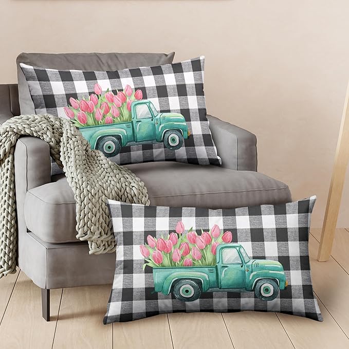 Pink Tulip Lumbar Pillow Covers Spring Truck Rectangle Pillow Case 12x20 Tulip Buffalo Check Decorative Waist Pillowcase for Couch Living Room Bedroom Set of 2