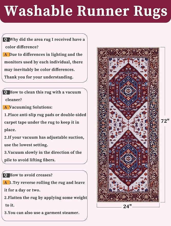 SERISSA Boho Washable Runner Rug, 2x6 Rug Runner Non-Slip Vintage Burgundy Navy Hallway Kitchen Runner Rug Ultra Soft Print Distressed Floor Carpet Runner for Bedroom Bathroom Laundry Living Room