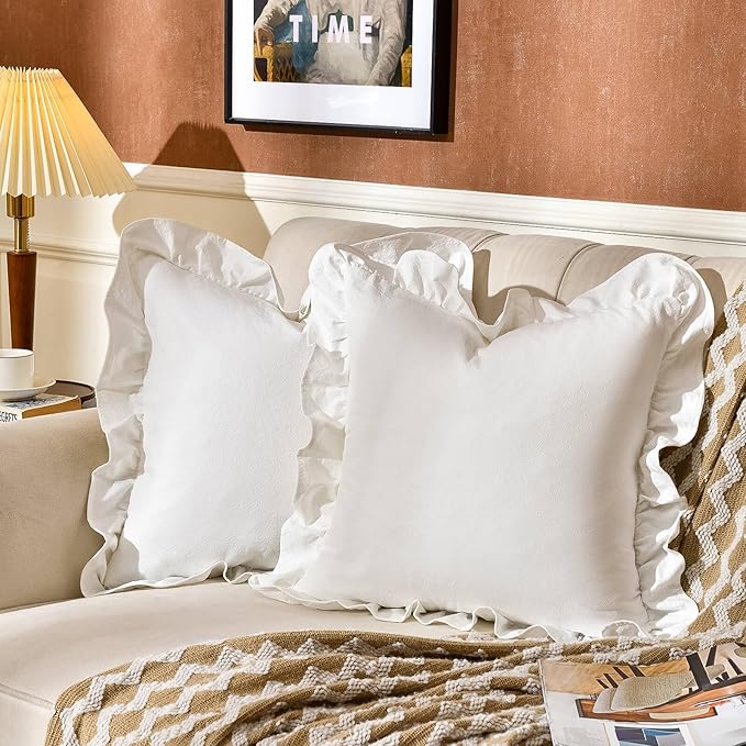 AmHoo Pack of 2 Throw Pillow Covers 100% Cotton Pre Washed Ruffle Decorative Pillowcase Cushion for Couch Sofa Bedroom 22 x 22-Inch Cream White