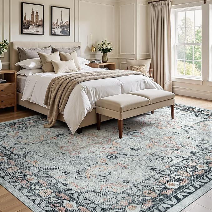 Lofus 9x12 Area Rug for Living Room,Distressed Grey Washable Area Rugs with Non-Slip Backing,Soft Boho Carpets for Bedroom Dining Room Home Office Indoor Nursery
