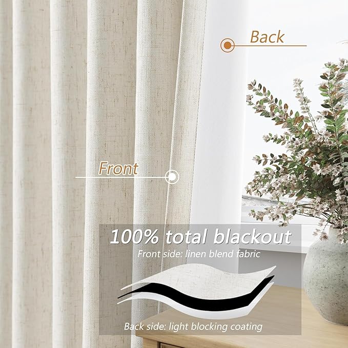 Guken Cream 100% Blackout Linen Curtains 100 Inch Wide by 90 Inch for Living Room Bedroom Back Tab Thermal Insulated Black Out 1 Drapes Room Darkening Window Curtains,1 Panel