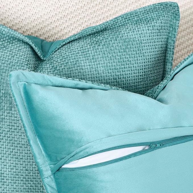 MADIZZ Decorative Chenille Velvet Throw Pillow Covers Set of 2 Soft Boho Textured Neutral Couch Throw Pillow for Bed Modern Farmhouse Home Decor for Sofa Livingroom Turquoise 24x24 Inch Euro Sham