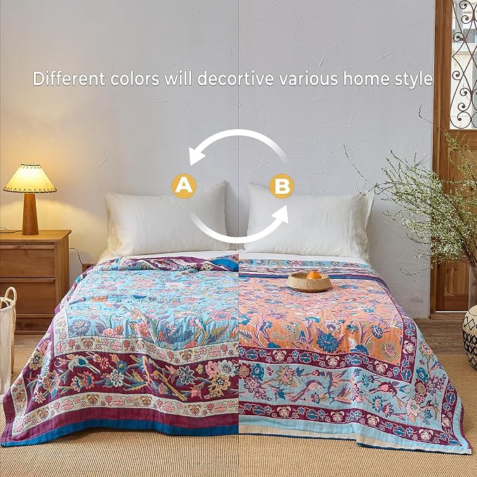 Boho Cotton Throw Blanket,Ultra-Soft Rustic Quilt for Bed, Home Decor & Travel - Large 80"x90" Muslin Blanket - All-Season Lightweight Bedspread & Throw for Women & Moms,Purple