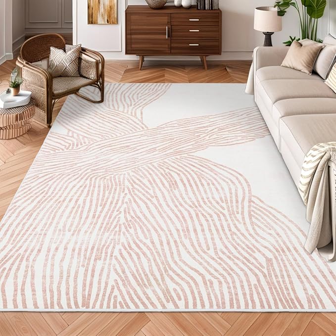 YIHOUSE Pink Rug for Living Room, 6×9 Modern Abstract Area Rug, Geometric Contemporary Wave Striped Rugs for Playroom Nursery, Washable Nonslip Large Ultra-Thin Rug for Bedroom Dining Room