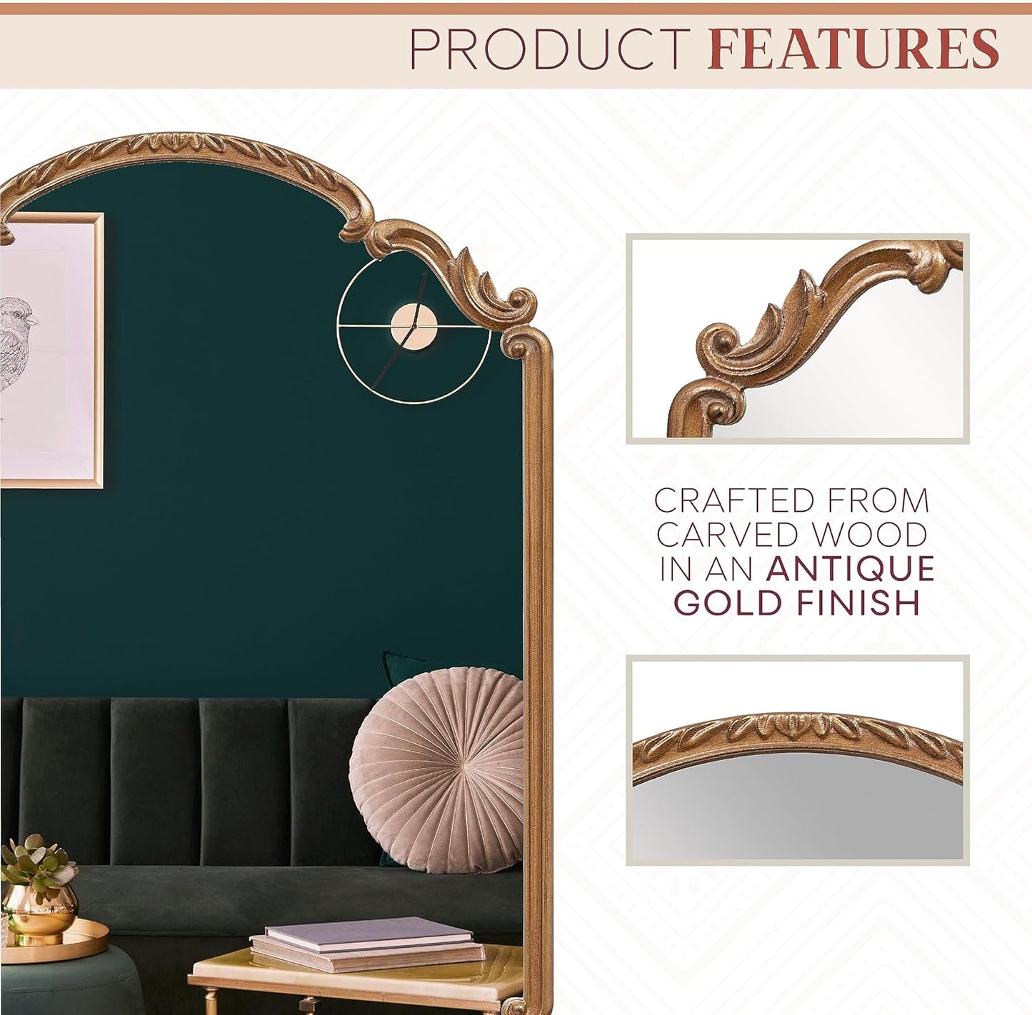 English Estate Carved Arch Wood Wall Mirror, Mirror for Entryway, Living Room, Bathroom, Antique Gold, 22x30