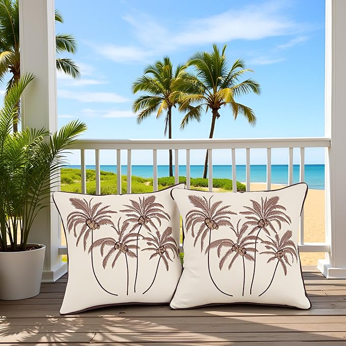 Coconut Tree Pillow Covers 18x18 inch Set of 2 Embroidery Throw Pillow Covers Farmhouse Pillow Cushion Case Spring Summer Decorative Farm Pillowcases Square Rustic Pillow Case, Brown