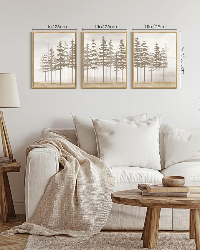PHOPAGO Watercolor Foggy Pine Tree Framed Wall Art Nature Abstract Misty Forests Wall Decor Farmhouse Rustic Paints for Kitchen Bathroom - 11x14in Natural Framed