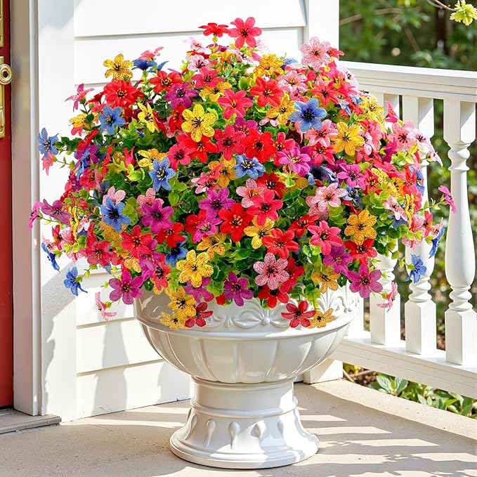 SHareconn 48 Bundles Artificial Flowers for Outdoors Spring Decoration, Fake Silk Realistic Faux Plants UV Resistant for Outside Planter Porch Patio Summer Indoor Decor, RedRose PurpleYellowPinkBlue