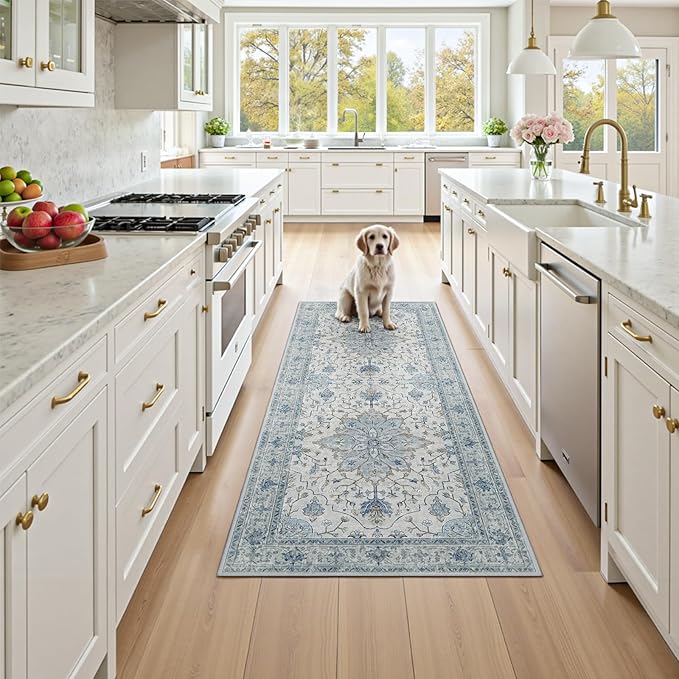 RELEANY Area Rugs 3'x8' Runner Rug Non Slip Washable for Kitchen Hallway Bedroom Beside Laundry Room Bathroom Rug, Floor Carpet, Light Blue Navy Beige Gray White