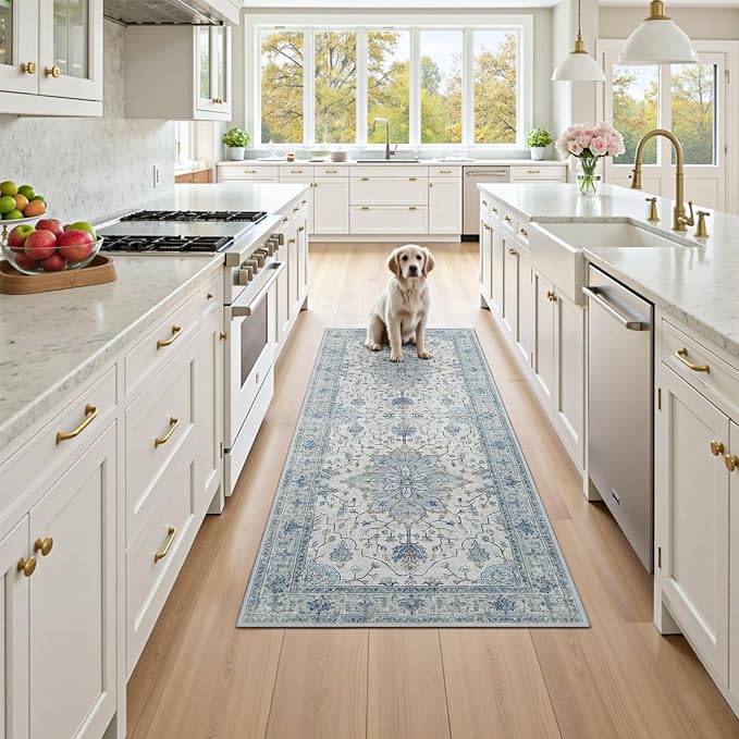 RELEANY Area Rugs Runner 3'x8' Washable Non-Slip, Floral Vintage Distress Medallion Carpet for Kitchen Hallway Bedroom Beside Laundry Room Bathroom, Light Blue Navy Gray White