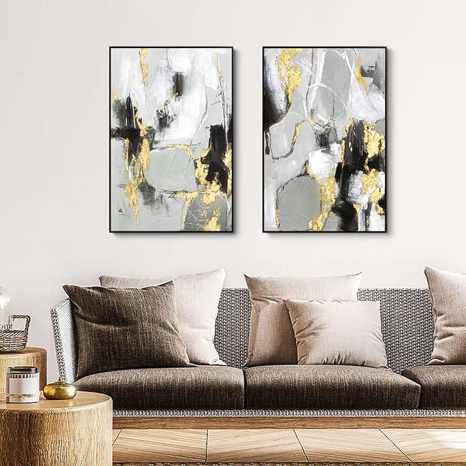 Zessonic Black and Gold Abstract Wall -Art Decor- 2 Pack 16 x 24 inches Black and White Canvas Wall Decor with Gold Foil for Living Room, Bedroom, Office, Framed, Ready to Hang
