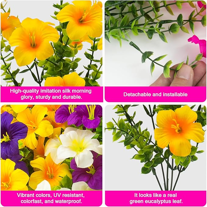 32 Pcs Faux Petunias Artificial Flowers For Outdoors, UV Resistant Fake Petunias Plants Realistic Silk Flowers for Porch Front Door Garden Window Outside Decor (32, White,Yellow,Purple,RedViolet)