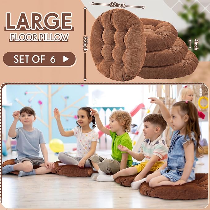 Jerify 6 Pcs Floor Pillow Cushions Large Round Square Large Meditation Floor Pillow for Classroom Adult Meditation Picnic Party Seating Learning Daycare School (Round,Brown)