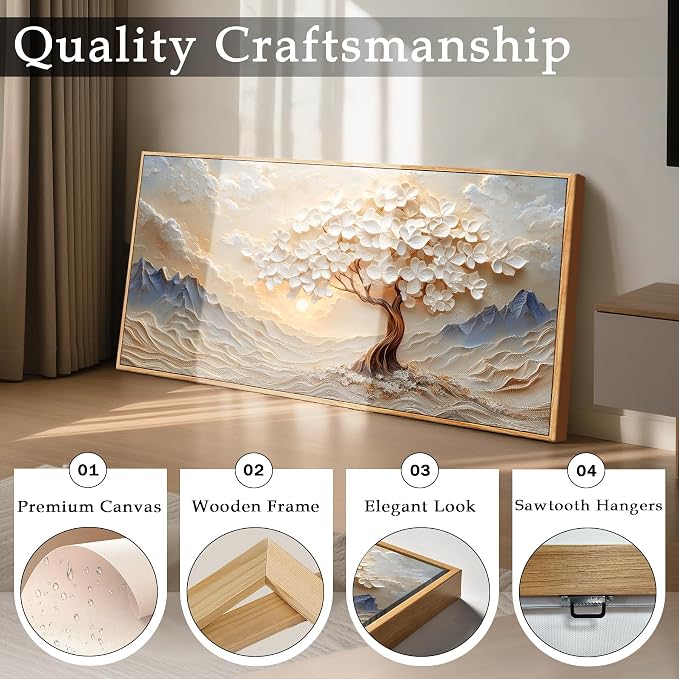 imjiayu Large Framed Wall Art, Landscape Wall Art, Tree of Life Wall Decor, Modern Japanese Aesthetic Canvas Prints, White Mountain Paintings for Living Room Bedroom Office Home Decorations 20"x40"