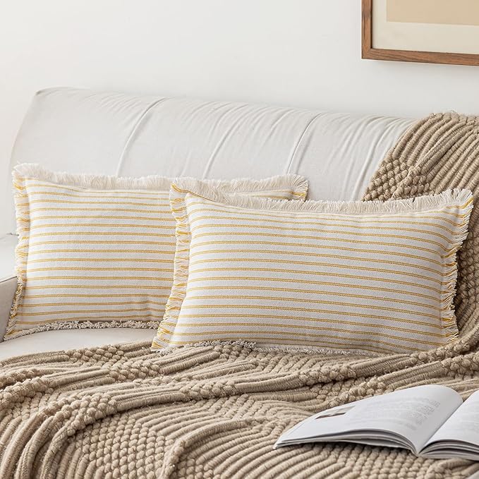 YEENAASY Throw Pillow Covers 12x20 Set of 2 Striped Fringe Pillow Cover Farmhouse Cushion Covers with Tassel Neutral Boho Pillows Decorative Square Pillowcase for Couch Sofa Bed, Yellow
