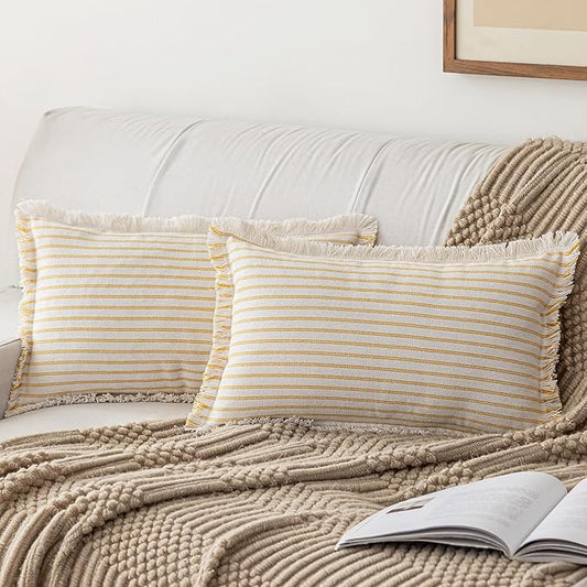 YEENAASY Throw Pillow Covers 12x20 Set of 2 Striped Fringe Pillow Cover Farmhouse Cushion Covers with Tassel Neutral Boho Pillows Decorative Square Pillowcase for Couch Sofa Bed, Yellow