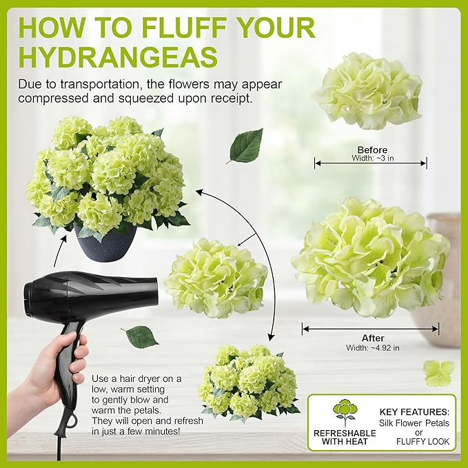 Ivydale Artificial Flowers for Outdoors, 4 PCS Green Fake Silk Hydrangea Flower Stems for Bouquets UV Resistant Realistic Faux Plants Home Outdoor Wedding Party Centerpieces Decor