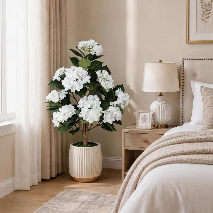 Faux Hydrangea Tree 3ft Set of 2,Artificial Hydrangea Bush UV Resistant,Fake Hydrangea with White Flowers in Pot,Artificial Plants for Outdoor Indoor Front Porch Patio Office Decor