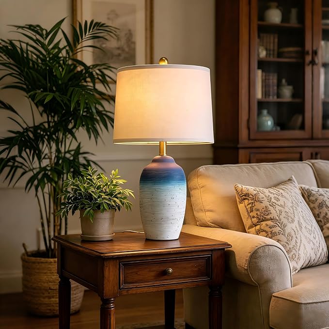 USumkky 24.5" Vintage Ceramic Table Lamp with 5FT Cord - Single Farmhouse Rustic Bedside Lamp with Natural Textured Finish, Nightstand Lamps for Living Room, Bedroom, End Table, Office White and Blue