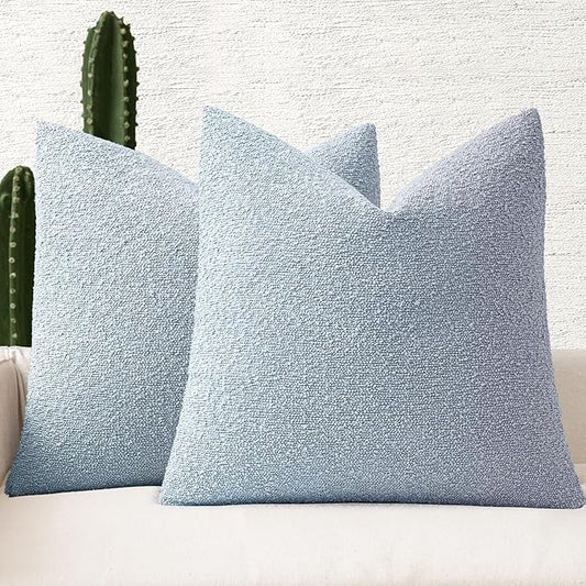 MIULEE 24x24 Inch Decorative Euro Sham Pillow Covers for Couch Bed Set of 2 Textured Boucle Neutral Throw Pillow Covers Light Blue Accent Solid Pillowcases Sofa Living Room Home Decor