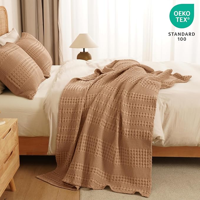 PHF 100% Cotton Waffle Throw Blanket for Couch, Lightweight Breathable and Soft for Summer, Luxury Aesthetic Waffle Weave Blanket for Home Decor & Office, Gifts for Women, 50"x60", Clay