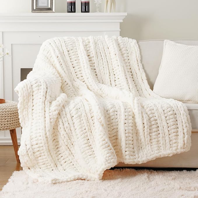 Battilo Chunky Knit Throw Blanket for Couch, 50"x60", White Cream | Hand Knit with Chunky Yarn, Gift blanket, Light Color, Cozy Warm Thick Soft Chenille Throw Blanket for Bed, Sofa, Living Room