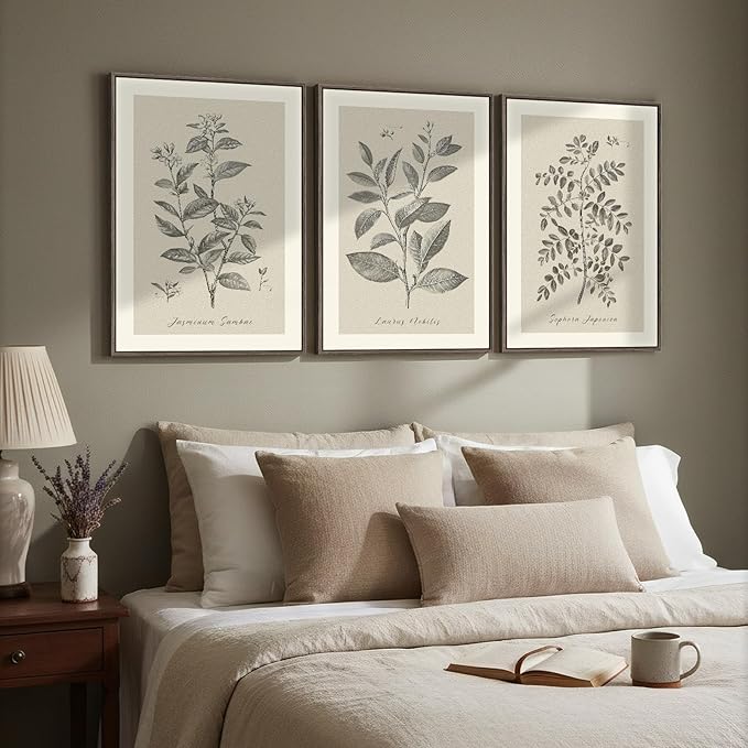 Framed Vintage Botanical Wall Art for Dining Room, 3 Piece Neutral Floral Plants Canvas Painting Prints Artwork, Rustic Flowers Pictures for Farmhouse Living Room Bedroom Kitchen Home Decor, 16x24 In