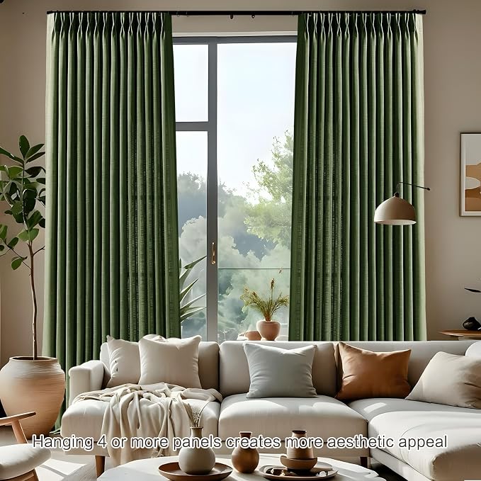 Olive Green Christmas Curtains for Living Room Pinch Pleated Linen Curtain 96 Inches Long, Loden Light Filtering Pleat Drapes Thick Ceiling Semi-Sheer Window Curtain with Hooks for Bedroom, 2 Panels