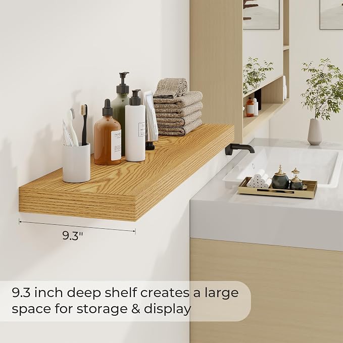 Dreamland 40Inch Floating Shelves for Wall 9.3" Deep Light Brown Set of 2 | Wall shelves for bathroom, bedroom, Living Room, kitchen, deep wall mount wood storage display for home decor 40" x 9.3"