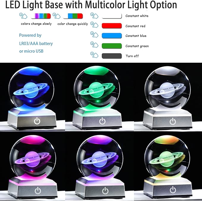 Ornalrist 3D Saturn Crystal Ball, Outer Space Planet Lamp with Silver LED Base, Glass Sphere Miniatures Saturn Lamp Astronomy Physics Science Gifts for Women, Men, Kid Home Decor (3.15 inch)