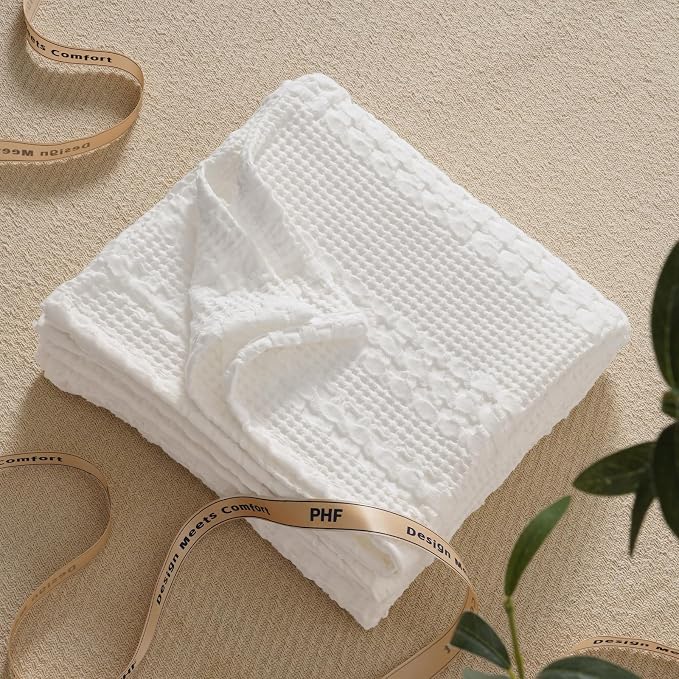 PHF 100% Cotton Waffle Throw Blanket for Couch, Lightweight Breathable and Soft for Summer, Luxury Aesthetic Waffle Weave Blanket for Home Decor & Office, Gifts for Women, 50"x60", White
