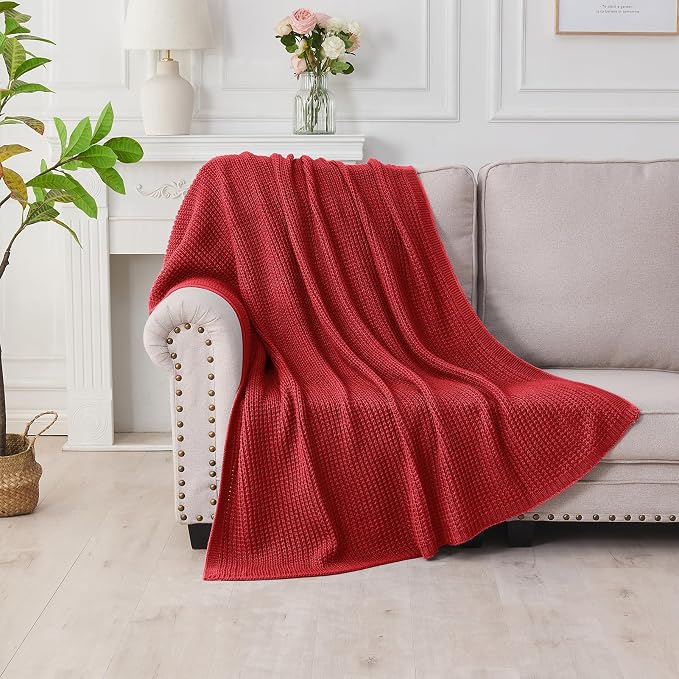 Douceur Christmas Red Throw Blanket for Bed, Soft Chunky Cable Knit Throw Blanket, Classic Fisherman's Rib Stitch Pattern Throw for Living Room,60"X80"