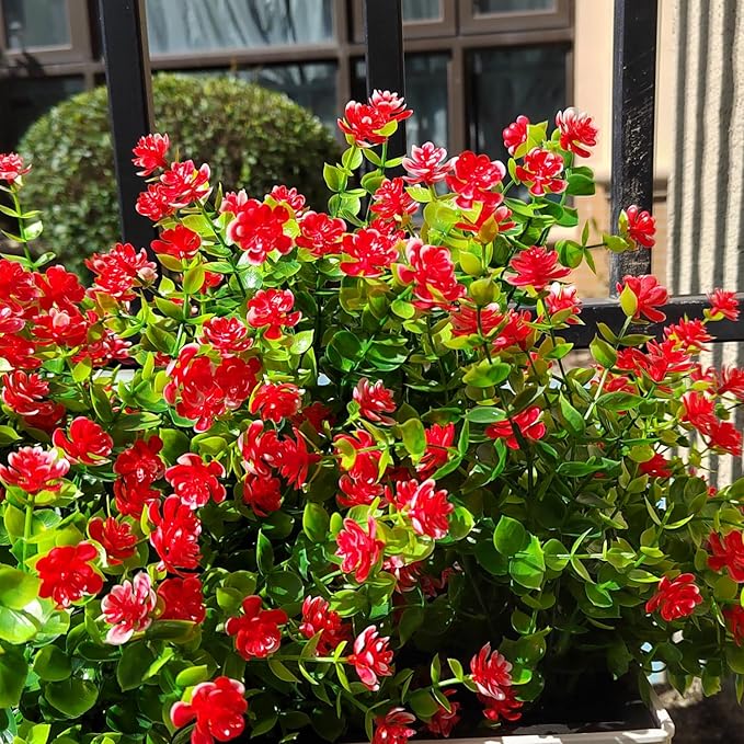 Grunyia 12 Bundles Artificial Flowers for Outdoors, UV Resistant Fake Flowers with Plastic Plants, Faux Flowers for Outside Window Box Front Porch Hanging Planter Decor (Red)
