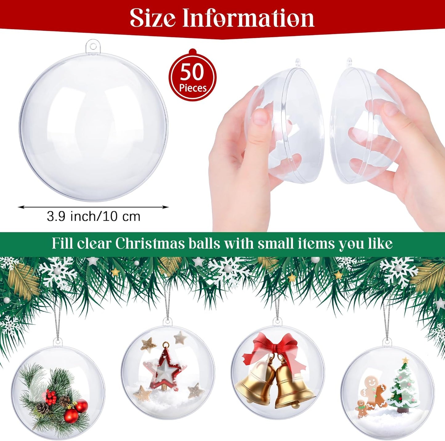 ANVAVO 50 Pieces 10 cm Christmas Clear Plastic Fillable Ball Ornaments DIY Craft Transparent Baubles Shatterproof Christmas Tree Hanging Ornaments for Xmas New Years Birthday Wedding Home Decor