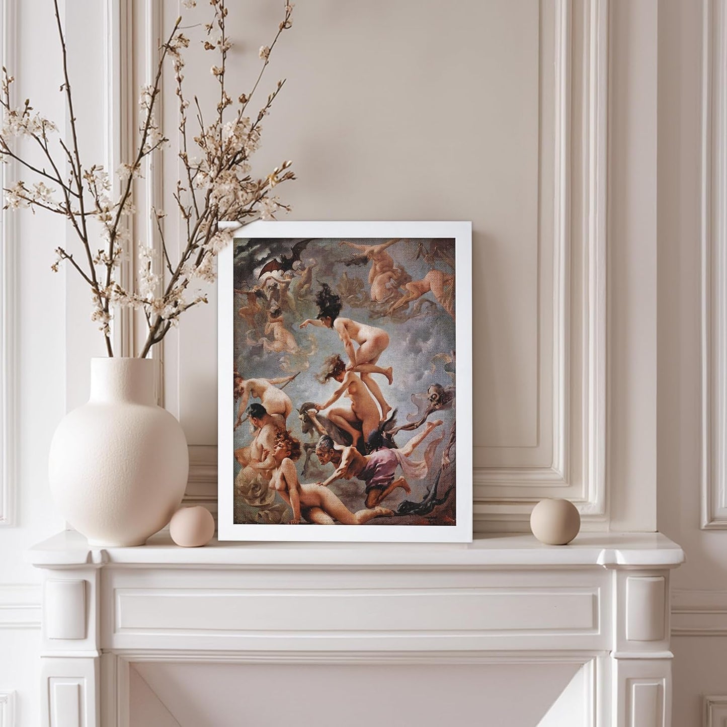 Poster Master Vintage Luis Ricardo Falero Poster - Retro Occult Print - Gift for Gothic, Horror Fan - Witches Going to their Sabbath, Pagan - Wall Decor for Bedroom, Dorm, 8x10 White Framed