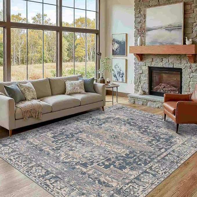 Rugxara 5x7 Area Rugs for Living Room Bedroom, Blue Washable Rug, Vintage Retro Boho Rug, Non Slip & Low Pile Faux Wool Thin Carpet for Indoor Dining Room and Kids Room(Blue 5x7ft)